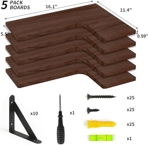 Fixwal Conner Shelves Wall Mounted for Decor, Walnut Brown Set of 5