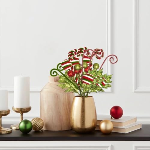 3 Pack Artificial Christmas Floral Picks Lime Green Red Berry Stems Xmas Tree Branches with Glitter Ball for Party Flower Arrangement Centerpieces (Green)