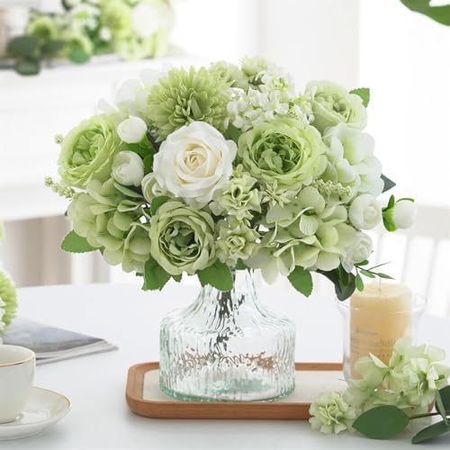 4 Pcs Mixed Artificial Peony Flowers Set-2 Bouquets & 2 Stems, Green Fake Peony Rose Hydrangea Flower for Vase Silk Floral Arrangements for Table Centerpiece Wedding Party Bridal Decoration Home Decor