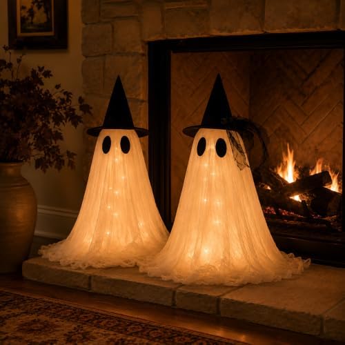 2-Pack Halloween Ghost Decor Set, USB Powered w/Remote Lights