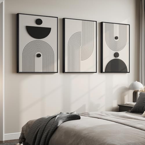 3D Large Framed Black and White Abstract Wall Art for Living Room, 3 Piece
