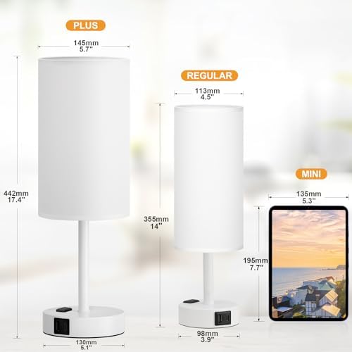 Fenmzee 17.4" White Lamp for Bedroom - Dimmable Touch, USB A+C, AC Outlet