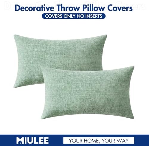 MIULEE Chenille Lumbar Throw Pillow Covers Greyish Green 12x20 Pack of 2