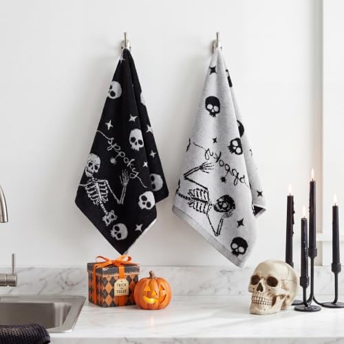 Breling 2 Pcs Halloween Skeleton Hand Towels Black White Bathroom Towels