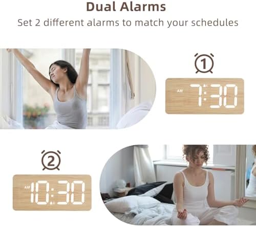 uscce Wooden Digital Alarm Clocks for Bedrooms with 0-100% Dimmable Display