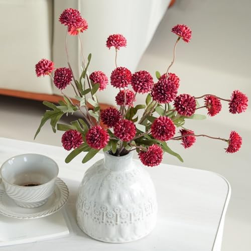 Laelfe Artificial Kiku Flower Wind Red- 5 Pcs Fake Pompon Mums Silk Small Chrysanthemum Faux Ball Fall Flower Stem Decor for Wedding Filler DIY Bouquet Centerpieces Arrangements Shower (Dark Red)