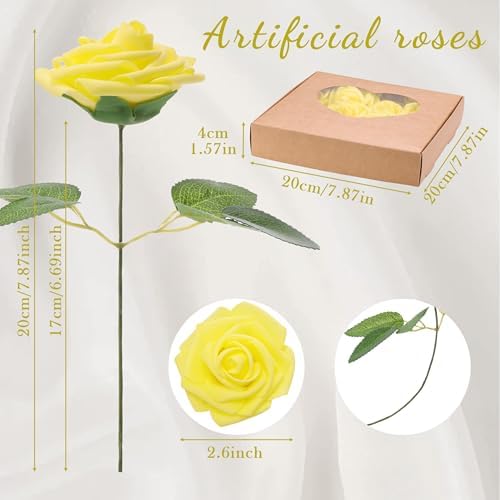 16 Pcs Yellow Artificial Flowers, Fake Roses with Stems