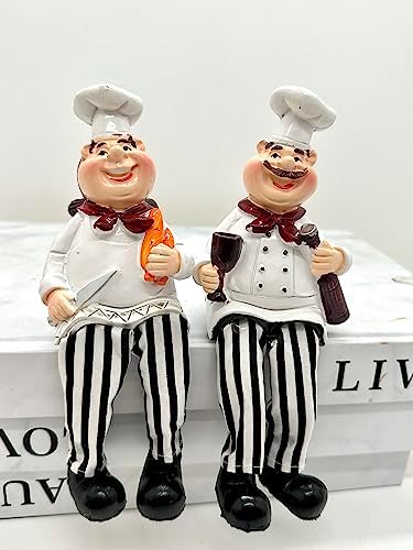KiaoTime Set of 2 Home Kitchen Decor Chef Figurines Bread & Wine with Dangling Legs Shelf Sitters Figurine Statue for Kitchen Shelves, Cupboard, Countertop Display, Windowsill