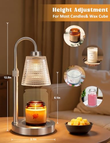 Satin Nickel Candle Warmer Lamp with Timer, Dimmable Candle Warmer for Jar Candles, Height Adjustable Wax Melts Warmer