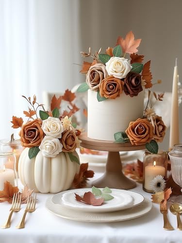 InnoGear Artificial Flowers, 50 Pcs Shades of Earth Tones Foam Fake Roses Bulk with Stems for Autumn Fall Decoration DIY Wedding Bouquets Centerpieces Bridal Shower Party Christmas Tree