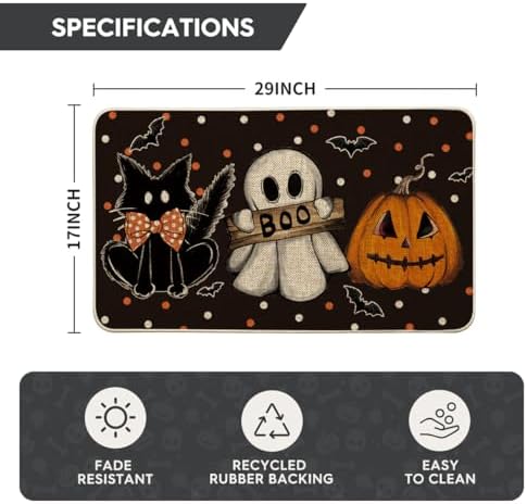 Artoid Mode Black Cat Jack-O'-Lantern Ghost Pumpkins Halloween Doormat, Seasonal Low-Profile Floor Switch Mat for Indoor Outdoor 17x29 Inch