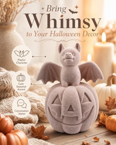 Halloween Decor Bat on Jack-o-lantern Resin Figurine (Pink Bat Pumpkin)