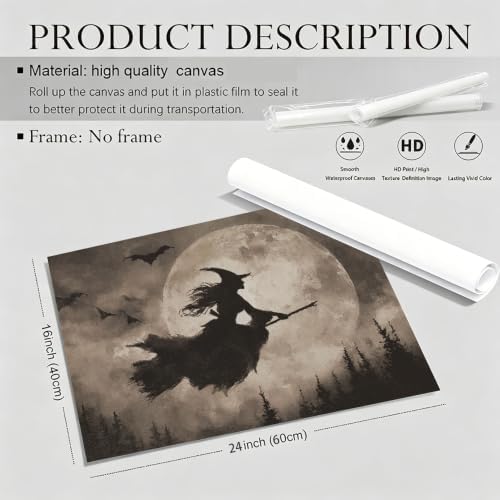 ILLBDR Halloween Flying Witch Canvas Wall Art Poster 16x24 inch