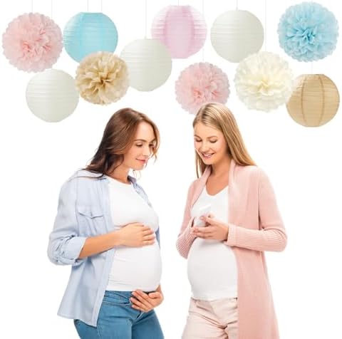 Light-Blue Pink Champagne Gender-Reveal Party-Decorations - 15pcs Boy Or Girl Paper Flowers Tissue Pom Poms Lanterns Streamers,Birthday Bear Baby Shower Neutral Hanging Supplies Decor Hugfond