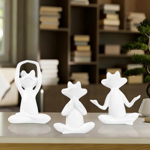 Suoedd White Frog Yoga Figurines 3 Pcs,Modern Decor for Shelf,Desk,Office