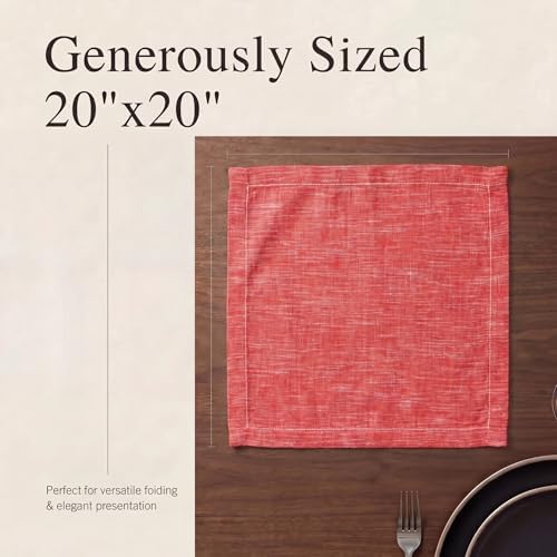 Urban Villa Cloth Napkins 100% Cotton Highly Absorbent Washable Reusable Premium Dinner Napkins Ideal for Gifts for Mothers Day Hotel Farmhouse Parties - Red/White Chambray (20" x 20", Set of 12)