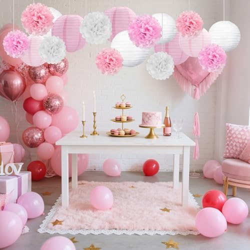 18 PCS Pink White Paper Lanterns & Tissue Paper Pom Poms for Girls Birthday, Baby Shower, Wedding, Bridal Shower, Hanging Paper Decor, Party Decoration Set for Indoor Outdoor Events Party Supplies