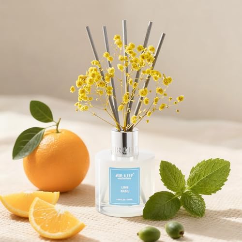 Airkeep Reed Diffuser Set,3.38 fl oz (100 ml) - Lime Basil Oil Diffusers with 8 Reed Sticks, Home Fragrance Reed