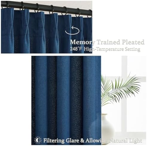 Pinch Pleated Denim Blue Curtains 102 Inches Long for Sliding Glass Doors 2 Panels Set, Modern Natural Linen Blend