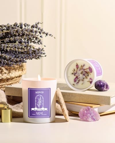 AOOVOO Lavender Scented Candle Set 2 Pack - Aromatherapy Candle with Crystals Inside, 14oz Soy Candles for Home