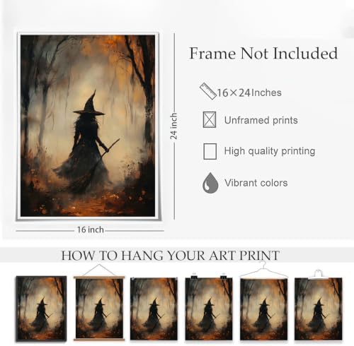 ILLBDR Halloween Witch with Broomstick Canvas Wall Art Poster 16x24 inch