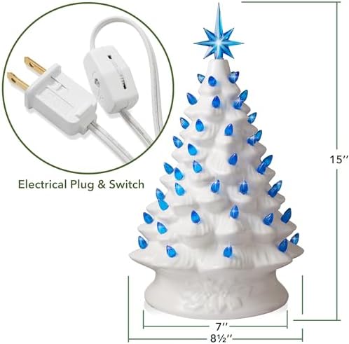 Casafield Hand Painted Ceramic Christmas Tree, White 15-Inch Pre-Lit Tree with 128 Pink and Blue Lights and 2 Star Toppers