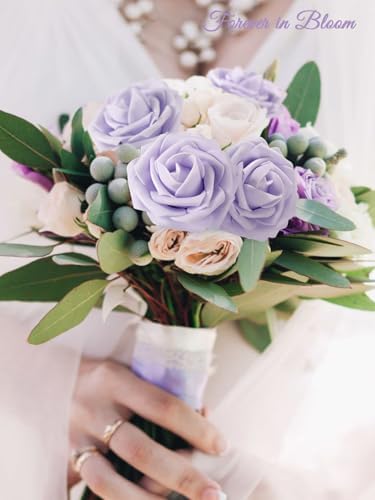 MACTING 30PCS Lavender Artificial Roses with Stems, Real Touch Foam Flowers