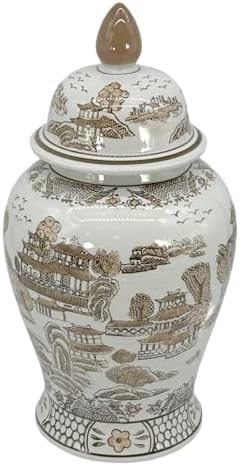Galt International Brown & White Floral Chinoiserie Ceramic Temple Jar 18" w/Lid - Ginger Jar Home & Kitchen Decor for