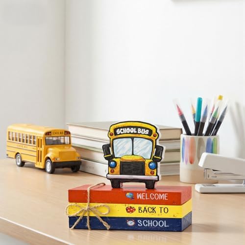 Smile Back to School Wooden Table Decor Apple, Math, Science, History Desktop Signs Classroom & Home Office Tabletop Decorations Gift for Students, Teachers