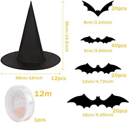 CCINEE 12 Pcs Halloween Decoration Witch Hats, Bulk Hanging Witch Costume Caps Accessories with 120 Pcs Bat Wall Stickers for Halloween Themed Party Yard Decoration