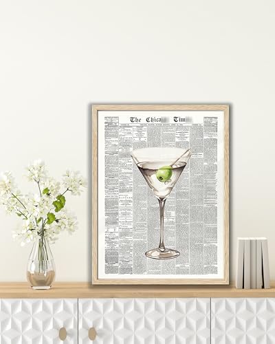 EcoHest 12x16 in Martini Newspaper Framed Wall Art for Bar Cart
