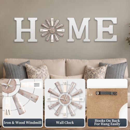 ZAZIWZ Farmhouse Home Signs with Windmill Clock Wall Decor Rustic Home Letters Wall Art for Living Room Kitchen