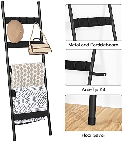HOOBRO Blanket Ladder, 5-Tier Towel Rack with Hooks, Wall-Leaning Blanket Rack, Decorative Display Ladder Shelf