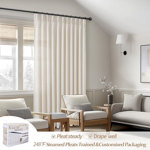 Natural Linen Blend Semi Sheer Curtains 94 Inches Length 2 Panels Set for Nursery Room, Pinch Pleated Light Filtering