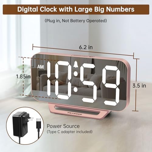 Peakeep Slim Digital Mirror Aesthetic Alarm Clock for Bedrooms Desk Decor