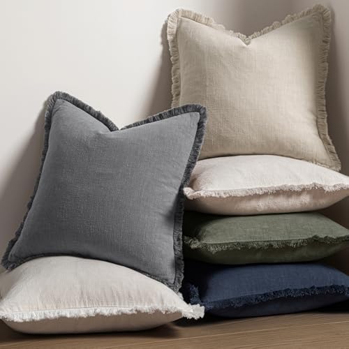 MIULEE Boho Linen Fringe Decorative Throw Pillow Covers Grey 18x18