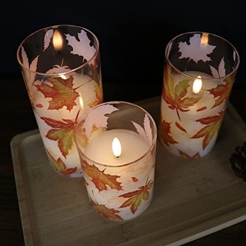 GenSwin Glass Maple Leaf Flameless Candles with Remote Timers, Battery Operated LED Flickering Candles, Real Wax Pillar Candles Christmas Wedding Decoration