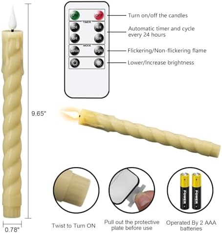 Ivory Flameless Taper Candles Battery Operated with Remote Timer