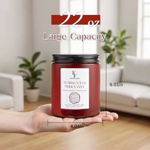 Teakwood & Mahogany Large Christmas Scented Candle, 3-Wick 22oz Long Lasting Scented Candle, Natural Soy Wax