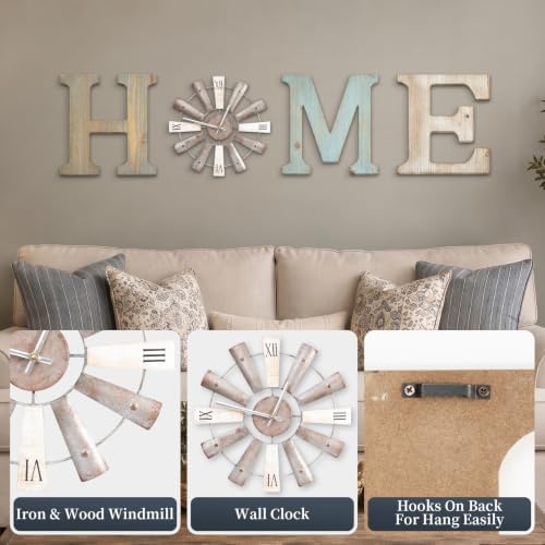 ZAZIWZ Farmhouse Home Signs with Windmill Clock Wall Decor Rustic Home Letters Wall Art for Living Room Kitchen