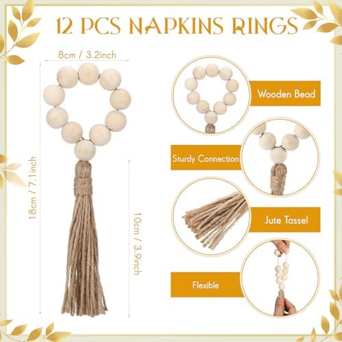 LemonRoad 36 Pcs Napkin Rings Set 12 Wood Bead Napkin Rings, 24 Cloth Napkins Boho Farmhouse Table Decorations Dinnerware Sets, Banquet, Wedding, Holiday Dinner Party