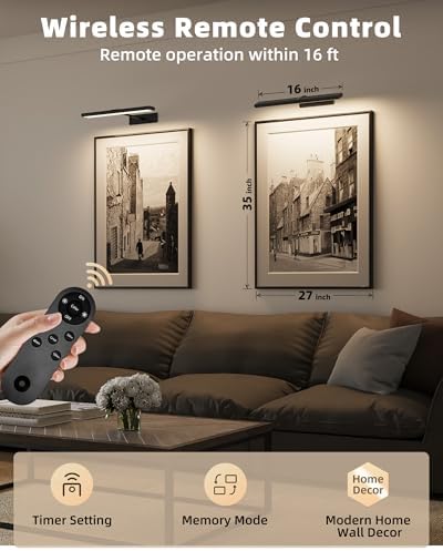 EZVALO Picture Light for Wall, 4800mAh 16'' Rechargeable Wireless IR Remote Built in Battery Lights for Painting