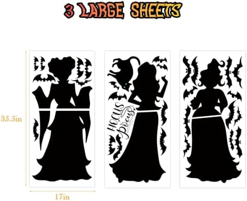 Halloween Window Clings Decor Decorations: Extra Large Hocus-Pocus Witchs Black Cat Bat Silhouette Window Decals, Halloween Window Stickers Indoor, School Home Office Party 3 Sheets