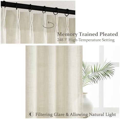 Cream Pinch Pleated Light Filtering Patio Sliding Glass Door Curtains 92 Inches Long 2 Panels Set, Memory Shape Natural