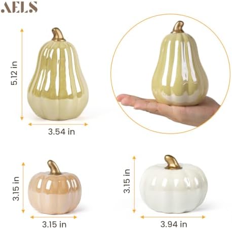 AELS Modern Ceramic Pumpkins Fall Decor Indoor, Cozy Farmhouse Tabletop Decorations, Artificial Pumpkins Decor for Fall Table Runner, Office, Holiday Party Home, Set of 3 Neutral Tones