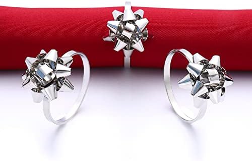 12PCS Christmas Napkin Rings Set for Table Settings, Festive Gift Bow Napkin Holder Rings for Christmas Thanksgiving New Year Party Dinner Table Decoration (12PCS Silver)