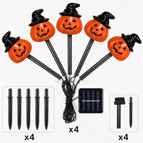 BRIGHTDECK Halloween Solar Pathway Lights Outdoor, LED Decor, Light Up Solar Stake Lights for Holiday, Halloween, Walkway, Sidewalk (Hat Pumpkin, 20-Pack)