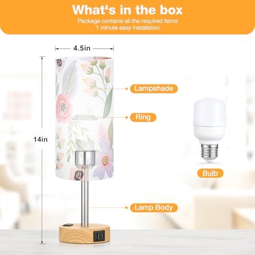 Fenmzee Floral Bedside Lamp for Bedroom, Dimmable Touch, USB A+C, AC Outlet