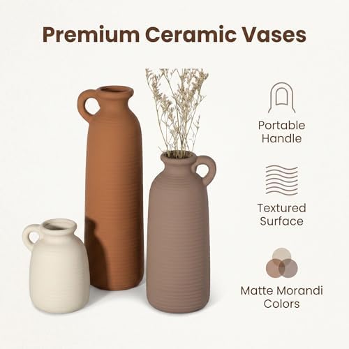 Set of 3 Matte Ceramic Vases with Handles, Textured Vases in Different Heights, Boho Farmhouse Decor for Dried Pampas