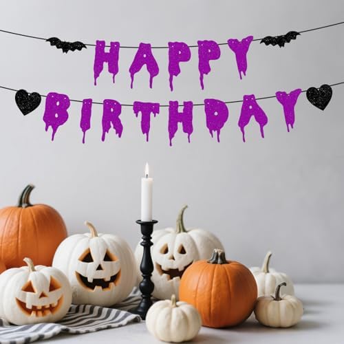 Happy Birthday Halloween Banner NO DIY Glitter Halloween Birthday Party Decorations for Home Office Wall Mantle Scary Party Decorations (Purple)